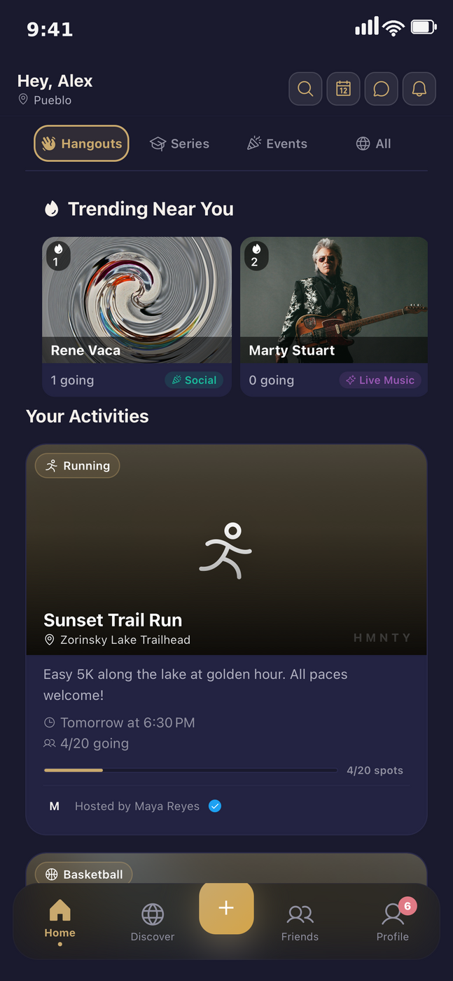 HMNTY app — a live map of activities near you in Omaha
